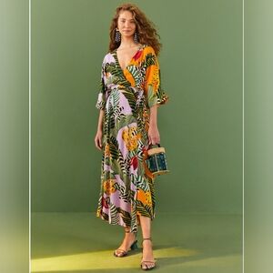 EUC (NWOT) FarmRio Mixed Striped Bananas Maxi Wrap Dress XL